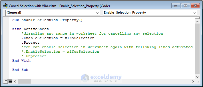 Code for Changing EnableSelection Property to Cancel Selection