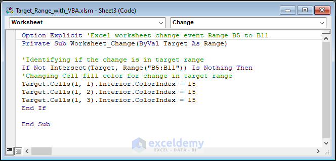 Code to highlight row when changing cells in target range