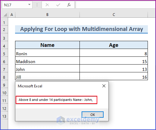 Findings by Applying For Loop to Loop Through  Multidimensional Array in Excel VBA