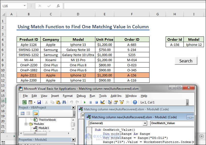 Excel VBA find one matching value in column Using Match and Index Function