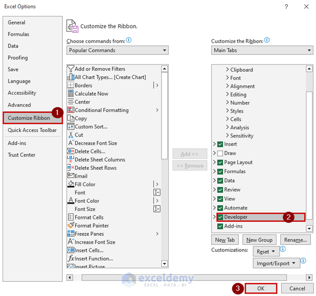 Selecting Developer from Customize Ribbon