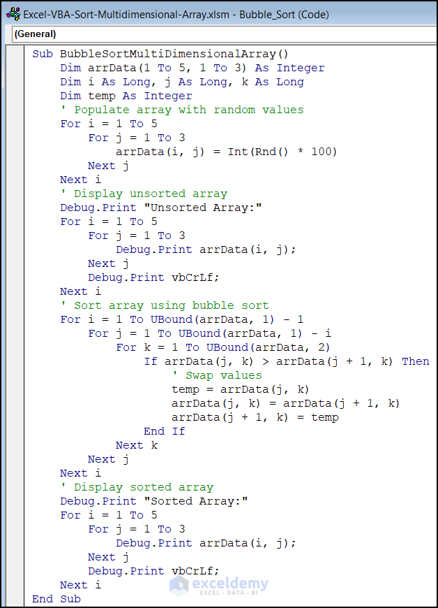 VBA code for bubble sorting in the multidimensional array
