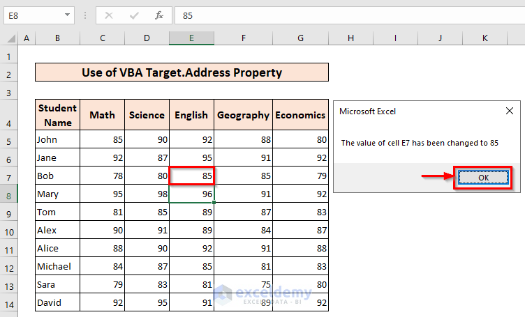 Detecting Change in Cell E5 and Showing Changed Value in a MsgBox