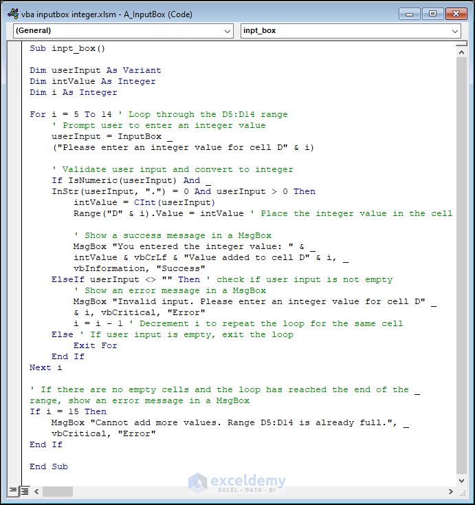 VBA code for inputbox of integer value of students' marks