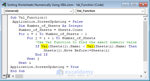 Code to Apply VBA Val Function to Sort Worksheets Numerically in Excel