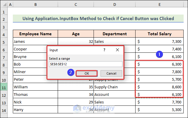 Input Box with selected cell range from the data table