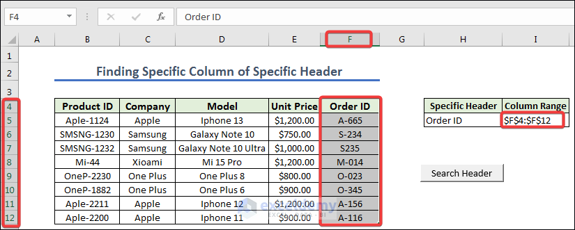 Final Output for  Finding Specific Column of Specific Header