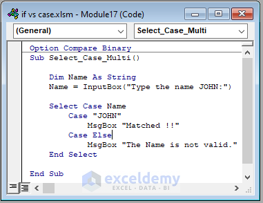 Select Case Code Image of Case-Sensitive Operation