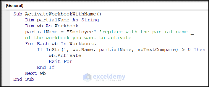VBA code of activating workbook with partial name using InStr Function