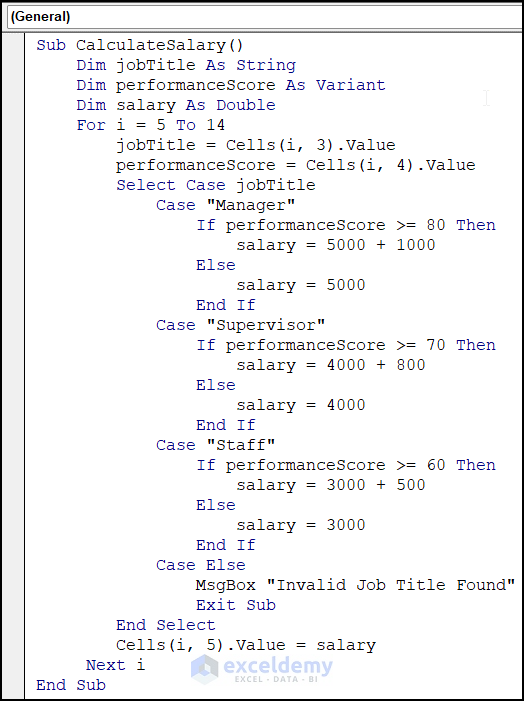 VBA code of using Exit Sub in Select Case Statement to compute employee salary