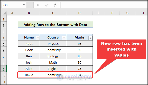adding new row to the bottom with data in Excel