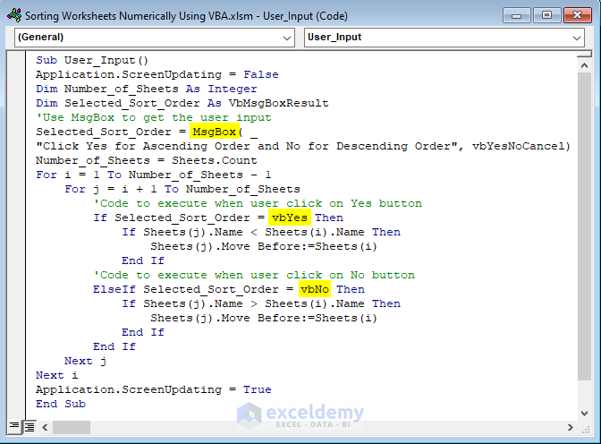 Code to Use Msgbox User Input to Sort Worksheet in Ascending or Descending Order