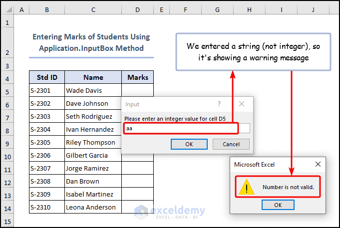 inputbox only taking integer value as input, otherwise shows invalid message