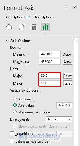 Changing units from the format axis window