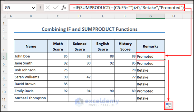 Final Output of Combining IF and SUMPRODUCT Functions in Excel