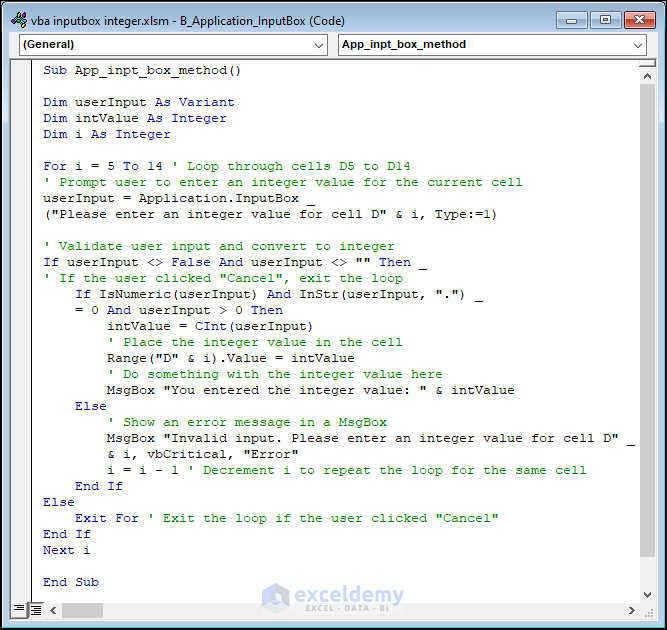VBA code to input marks using Application.InputBox Method