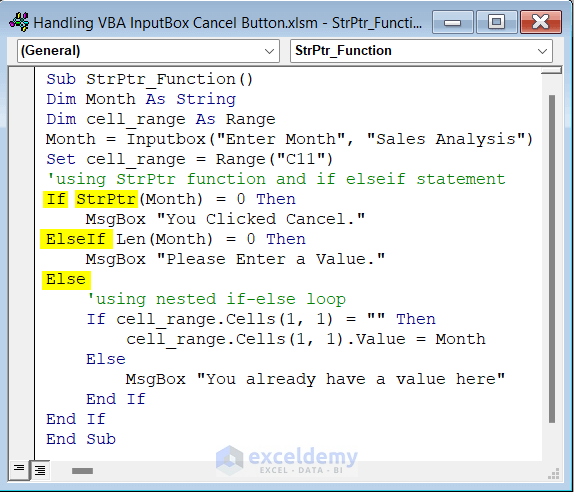 VBA Code to use StrPtr function & If ElseIf statement to handle inputbox cancel button in Excel