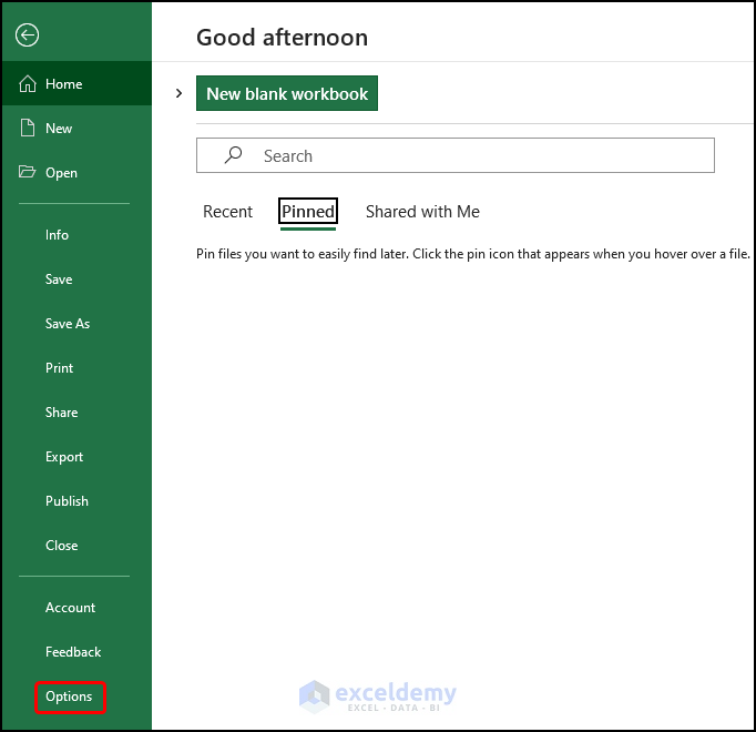 Select Excel options