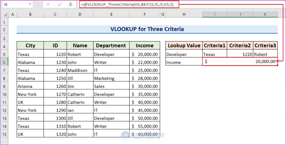 Showing Output by Creating a User-Defined Function to VLOOKUP for Three Criteria in Excel VBA