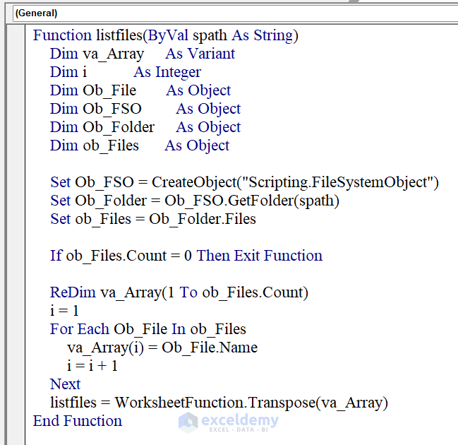 VBA Code of User-Defined Function for Creating File List