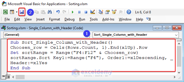 Excel VBA code to sort a column with header in descending order