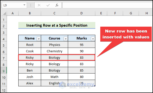 adding new row with values at a specific position in Excel