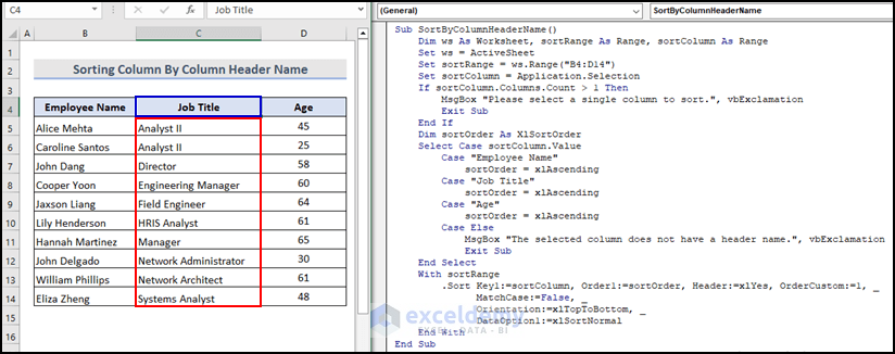 Final output image of VBA code to Sort Column By Column Header Name)
