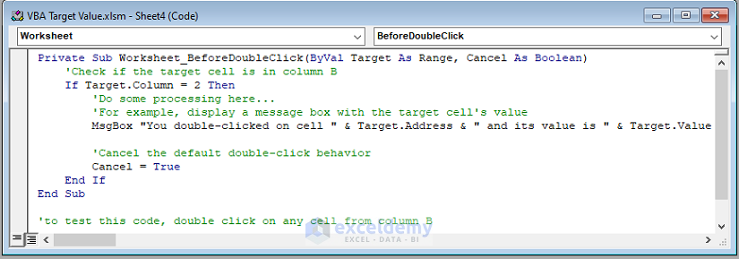 Code Image of Detecting Double Click and Showing MsgBox