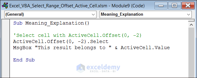 Meaning of Activecell.offset(0, -2)