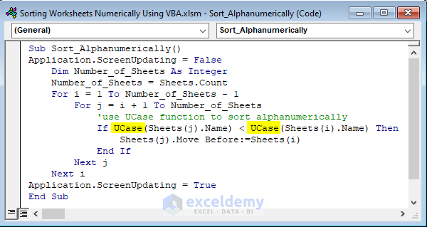Code to use Ucase function to Sort Worksheets Alphanumerically or Alphabetically
