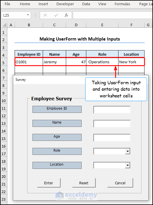 Overview of UserForm inserting multiple inputs into worksheet cell