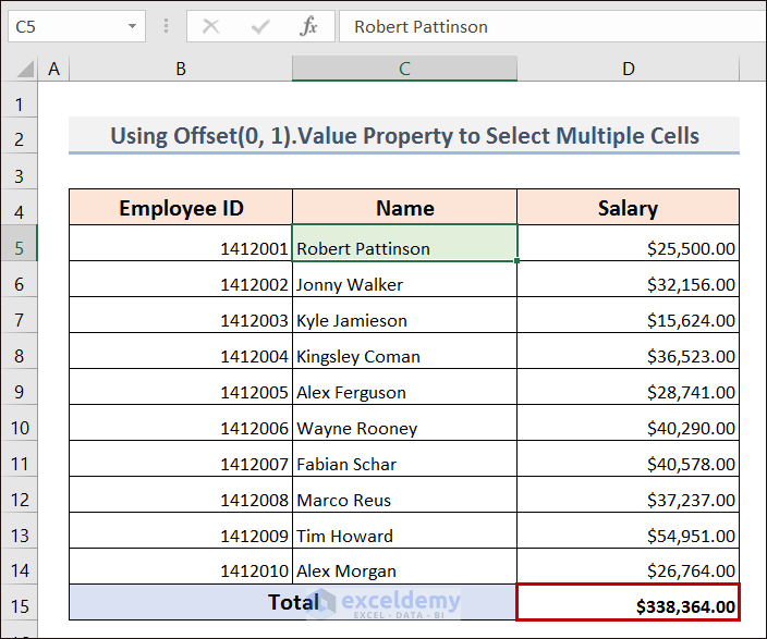 Output of Using Offset(0, 1).Value Property to Select Multiple Cells