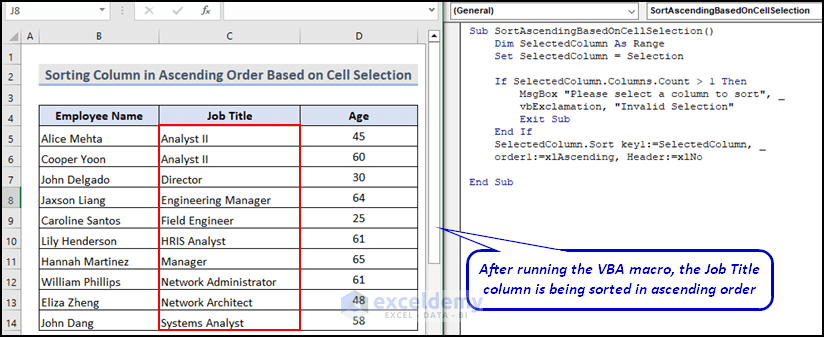 Final output image of VBA code to sort a column in ascending order based on cell selection)