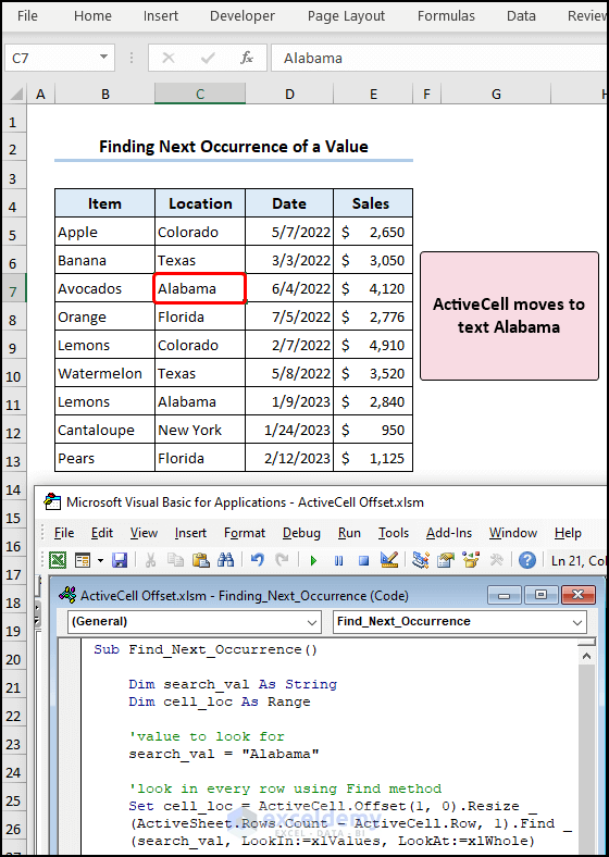 Finding next occurrence of a value with ActiveCell Offset and Find method