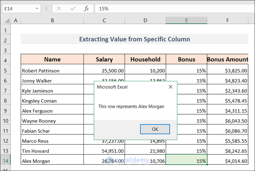 Output of Extracting Value from Specific Column