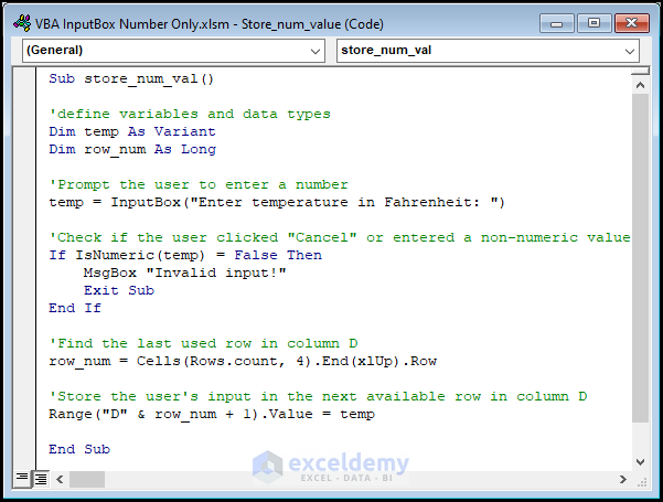 VBA code for storing number value into worksheet cell from inputbox.