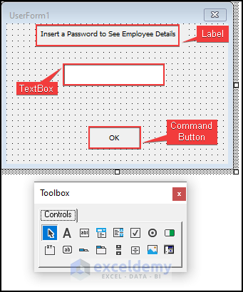 Inserting Label, TextBox, and CommandButton to UserForm to create inputbox with password mask in Excel VBA