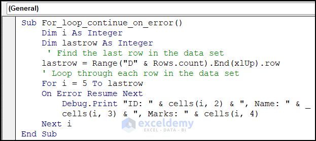VBA code to Continue For loop by applying On Error Resume Next