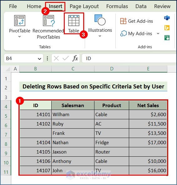 Create Table feature from Insert Tab in Excel