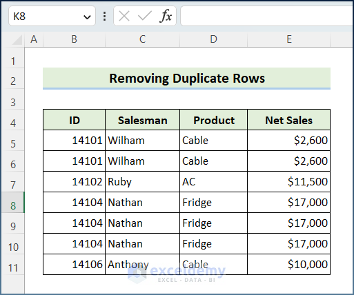 Remove Duplicate Rows sample dataset in Excel