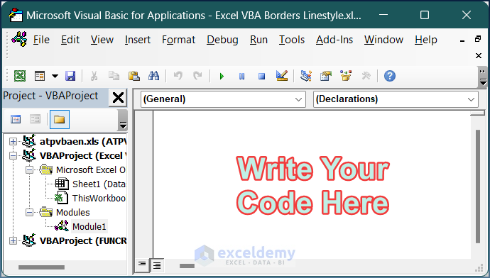 Create a module and insert code in excel vba