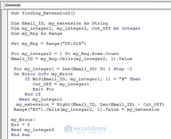 Code to Keep the Extension of Email Addresses
