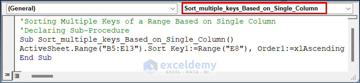 Excel VBA code to sort range with Multiple Keys Based on Single Column