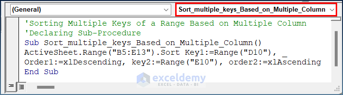 Sorting Multiple Keys of a Range Based on Single Column in Excel VBA