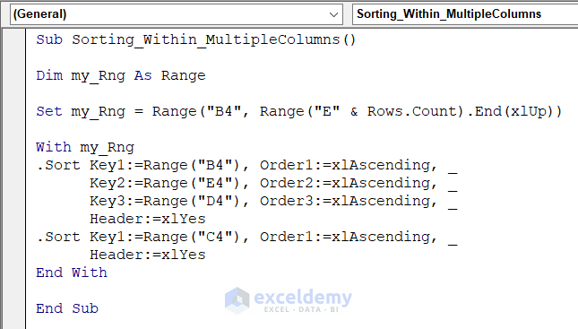 Code for Sorting Data based on Multiple Columns