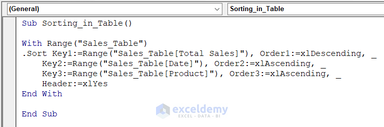 VBA Code to Sort Data with Excel Table