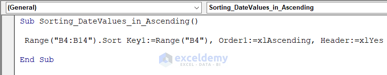 VBA code for sorting dates in ascending order in Excel