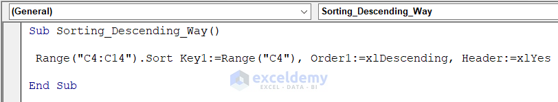 VBA code for sorting text in descending order in Excel