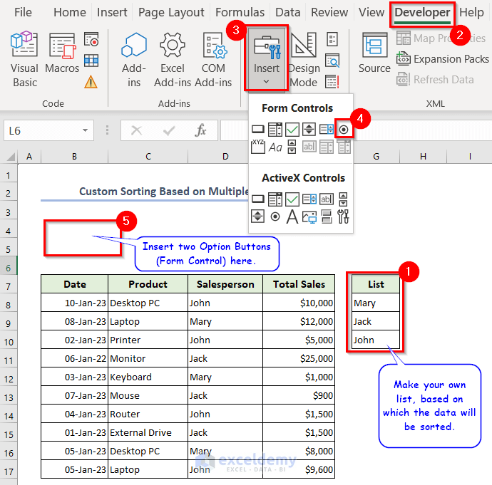 Inserting Options Button to custom sort data in Excel VBA