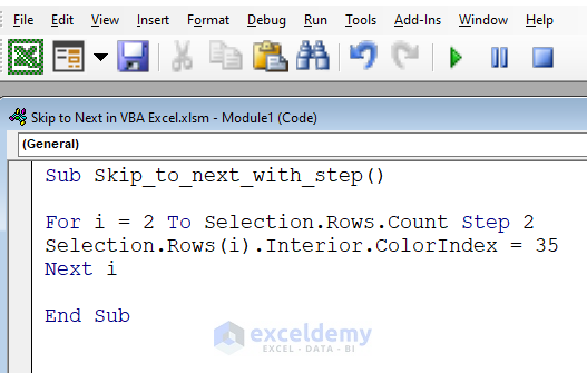 3.VBA Code for skipping to next with For Next loop. 